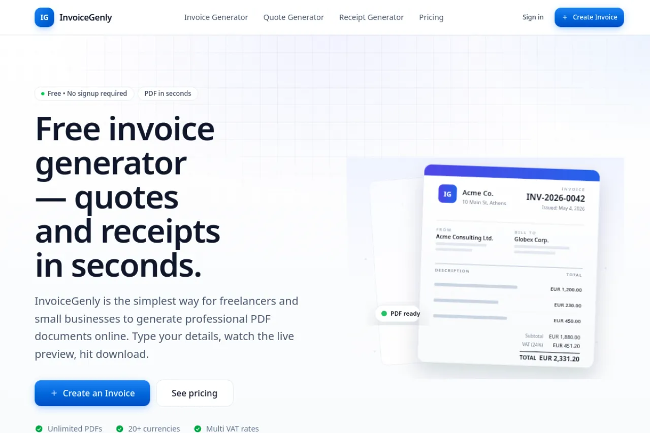 InvoiceGenly — homepage screenshot