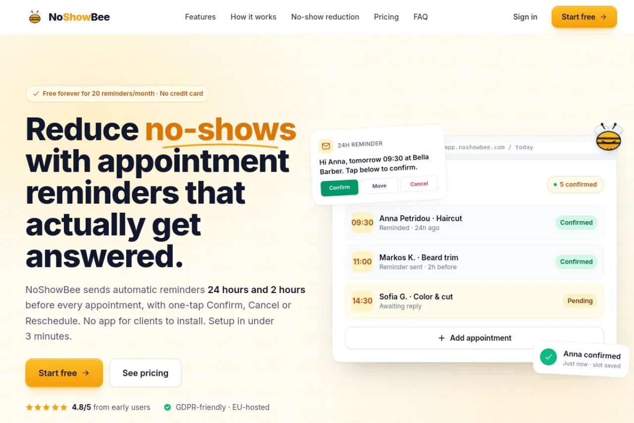 NoShowBee — homepage screenshot
